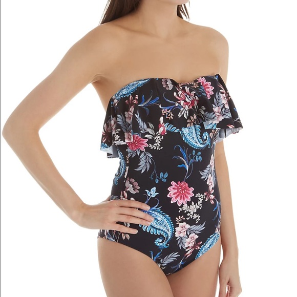 NEW Seafolly Sz 4 Winter Garden C/D Cup Bandeau One Piece Swimsuit Floral Black - Picture 1 of 15